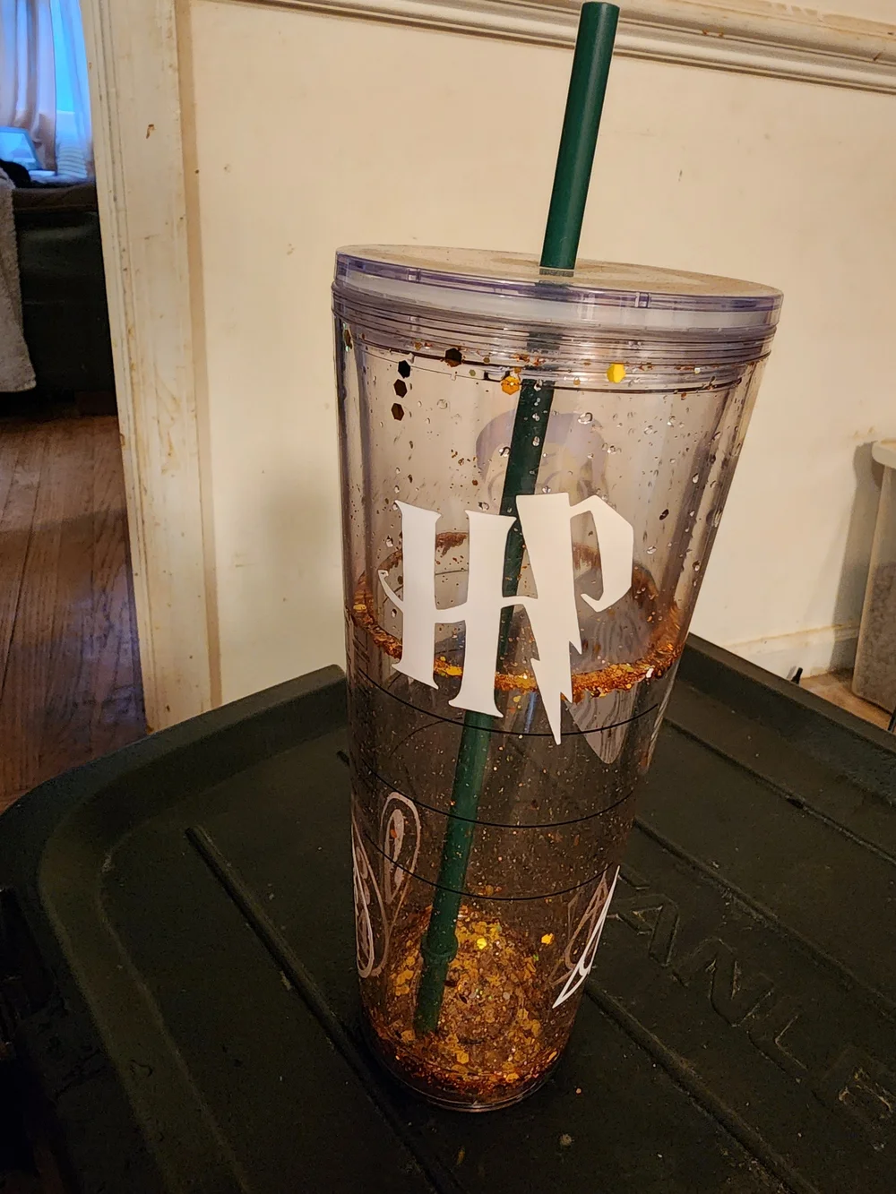 Starbucks Clear Tumbler with Gold Glitter and Green Logo